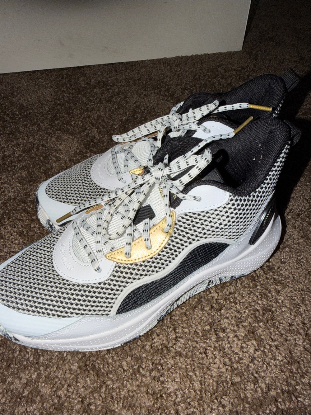 White & Black Mesh Chunky Sneakers with Gold Accents